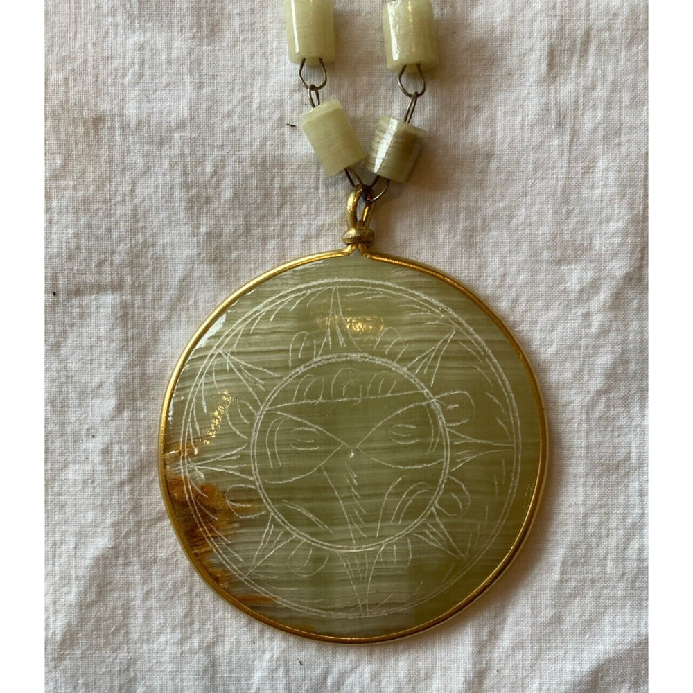 Aztec Mayan Medallion Pendant Necklace Stone Beaded Onyx
